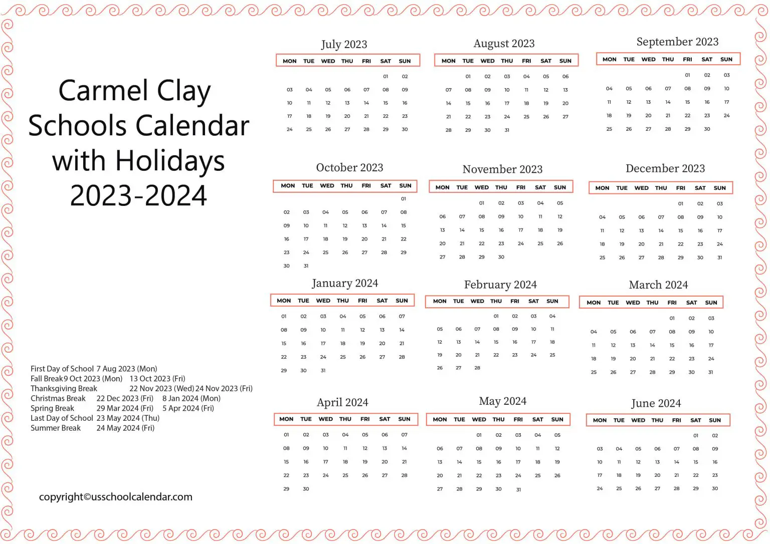 Carmel Clay Schools Calendar with Holidays 20232024