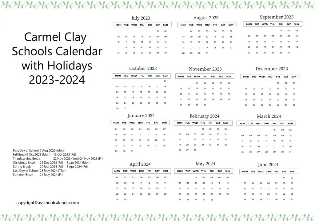 Carmel Clay Schools Holiday Calendar