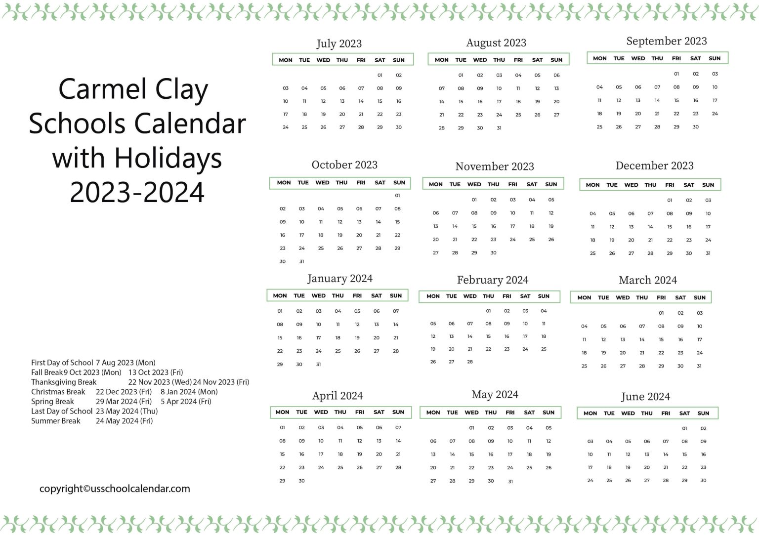 Carmel Clay Schools Calendar with Holidays 20232024