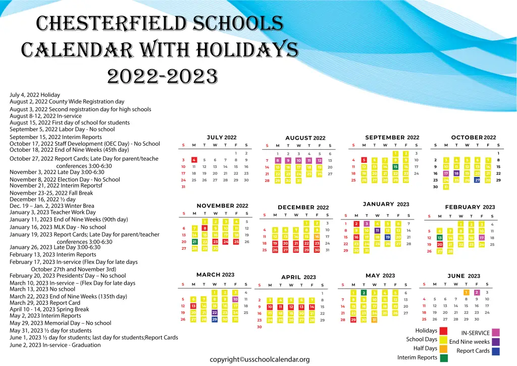 Chesterfield Schools Calendar with Holidays 2022-2023