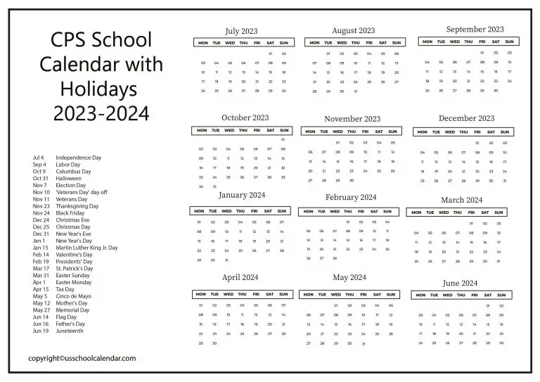 CPS School Calendar with Holidays 2023-2024