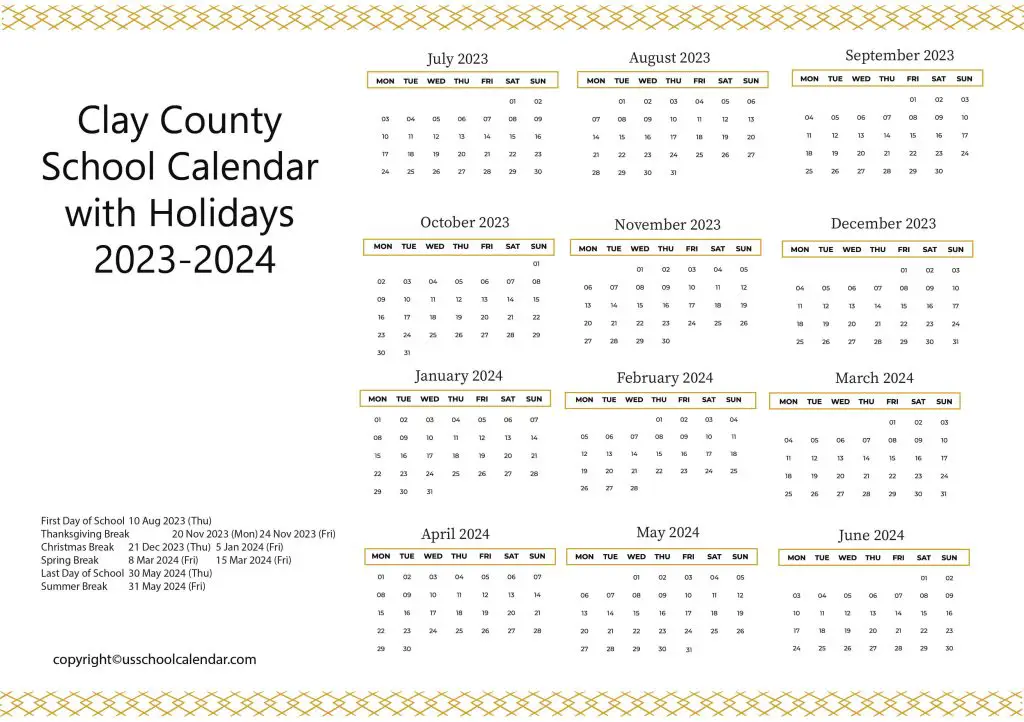 Clay County School Calendar