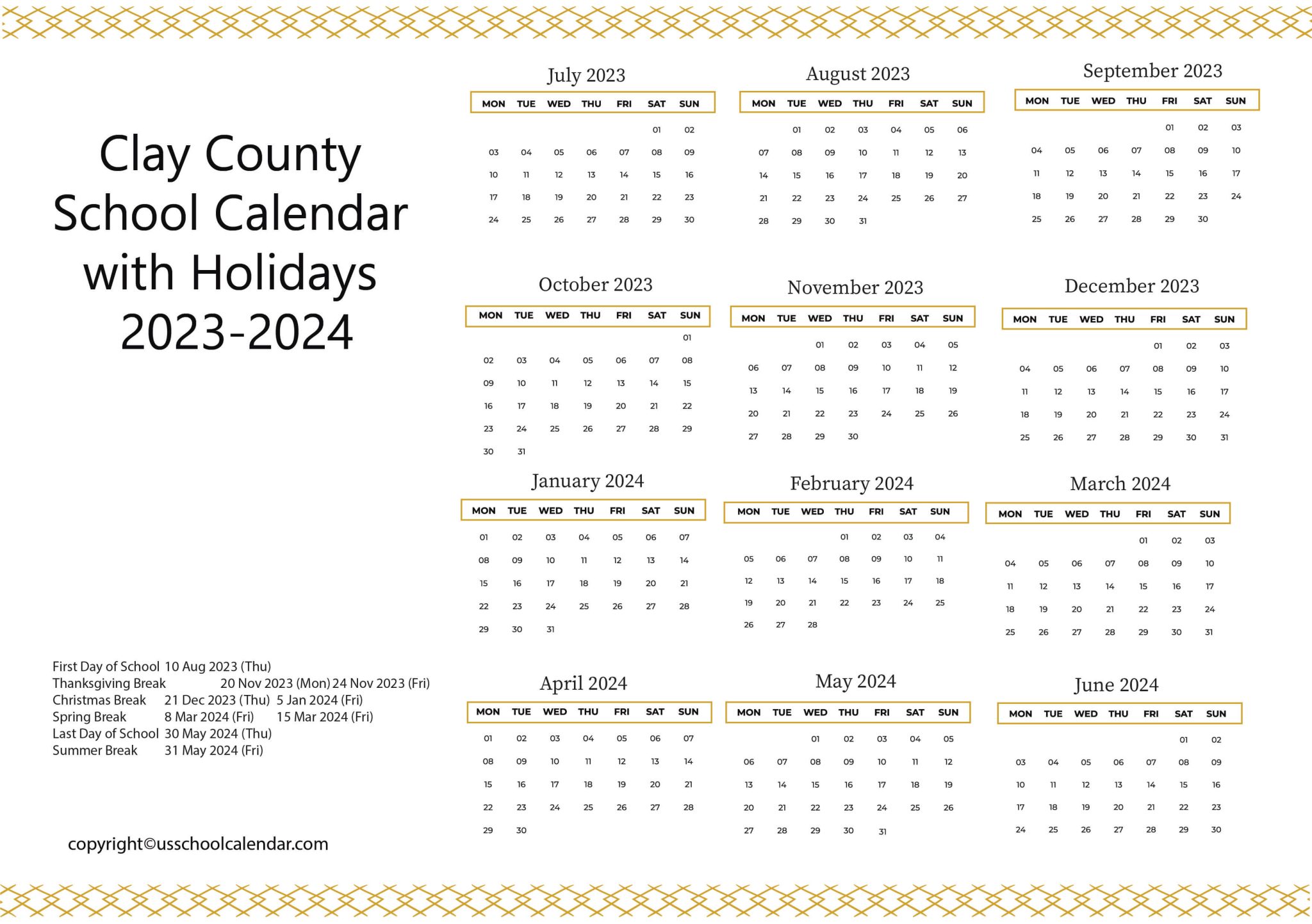 Clay County School Calendar with Holidays 20232024