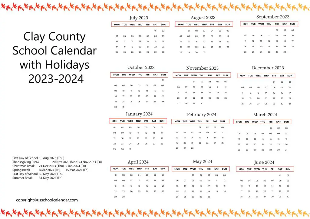 Clay County School District Calendar