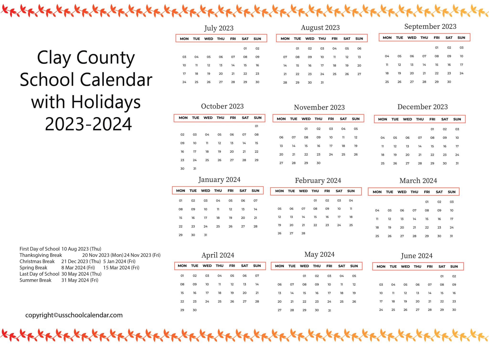 Clay County School Calendar with Holidays 2023-2024