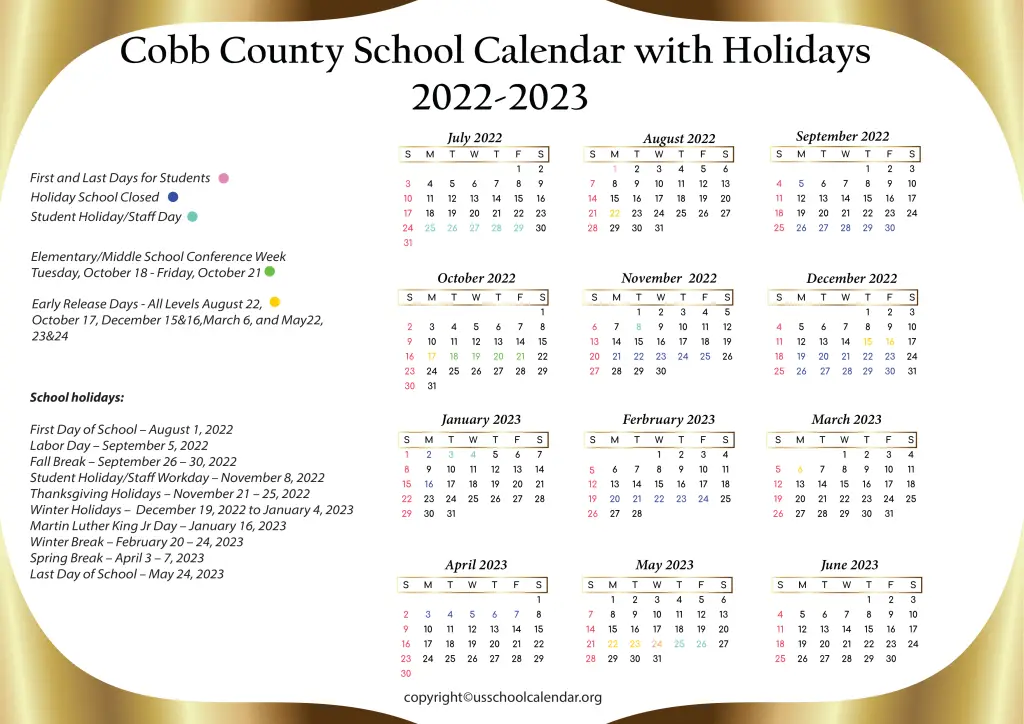 Cobb County School Calendar with Holidays 2022-2023