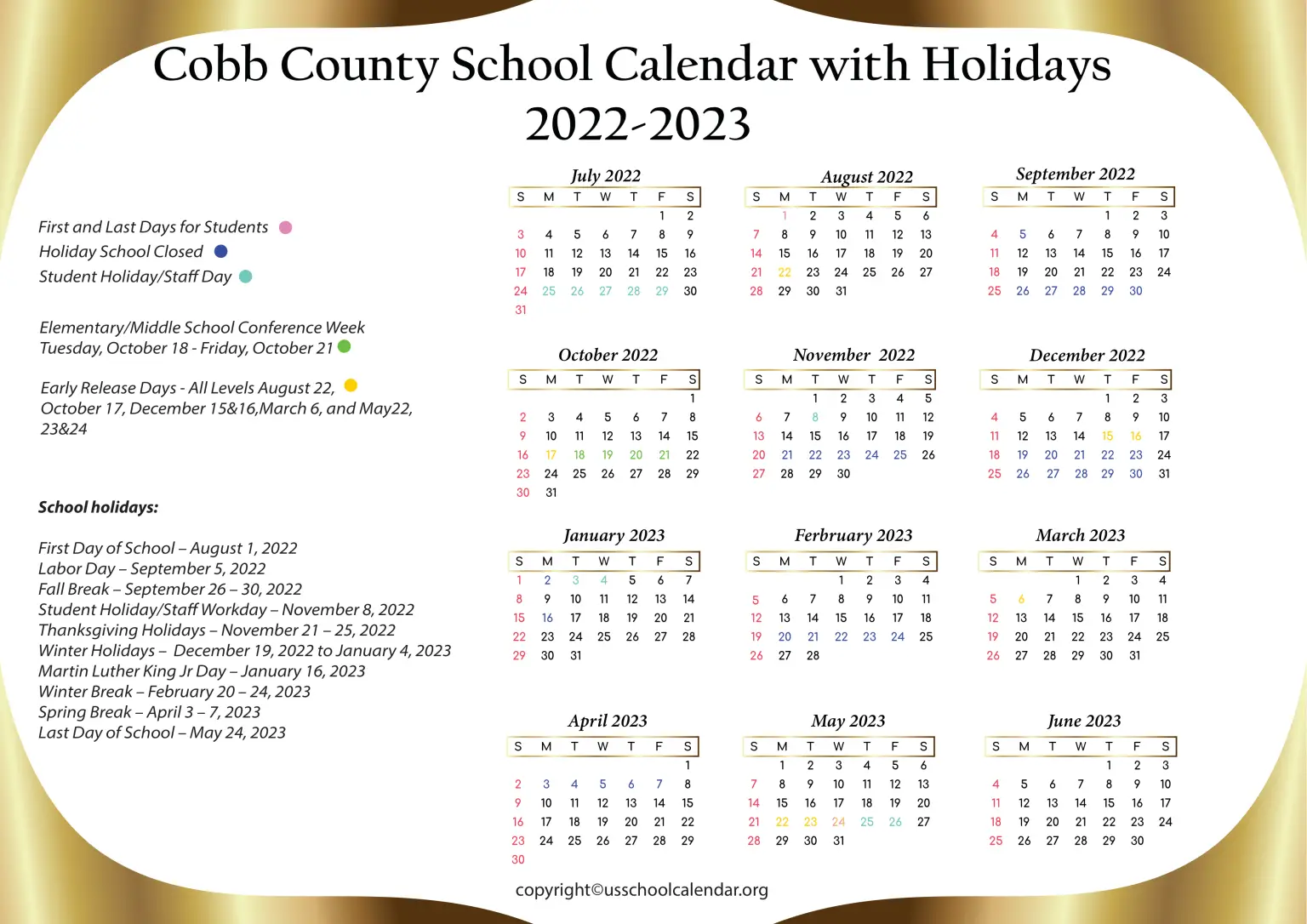 Cobb County School Calendar with Holidays 20222023