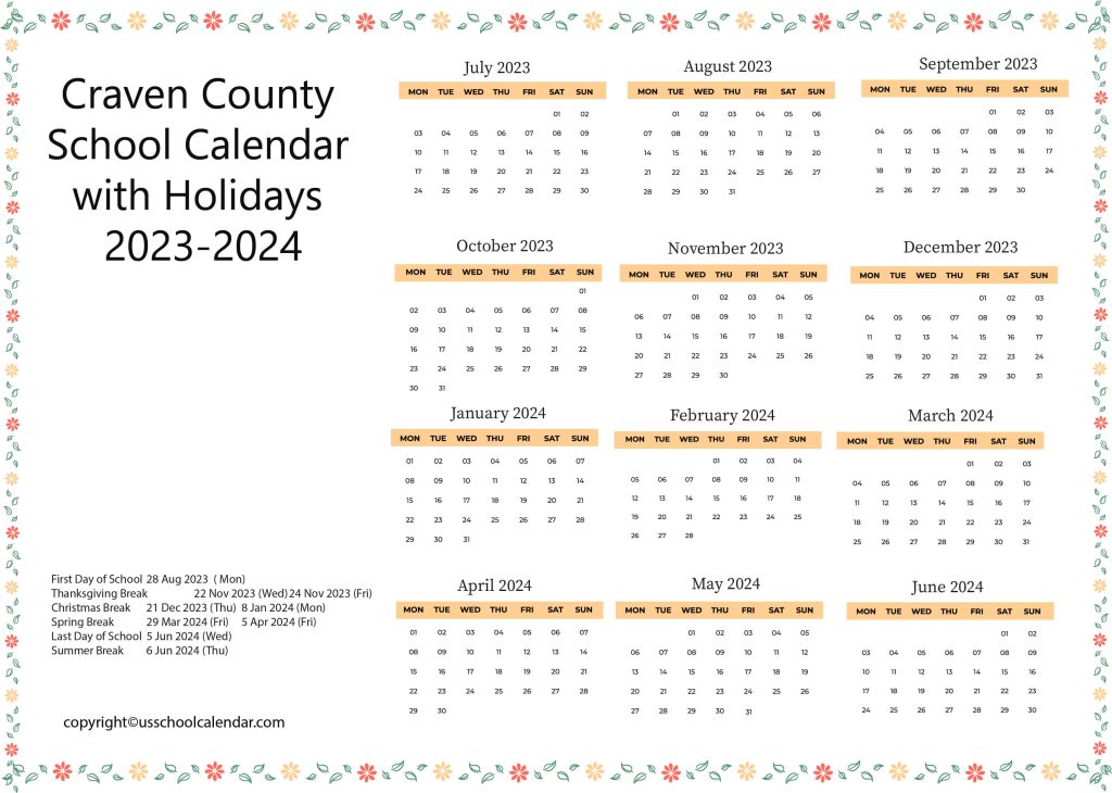 Craven County School Calendar