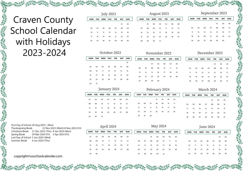 Craven County School Holiday Calendar