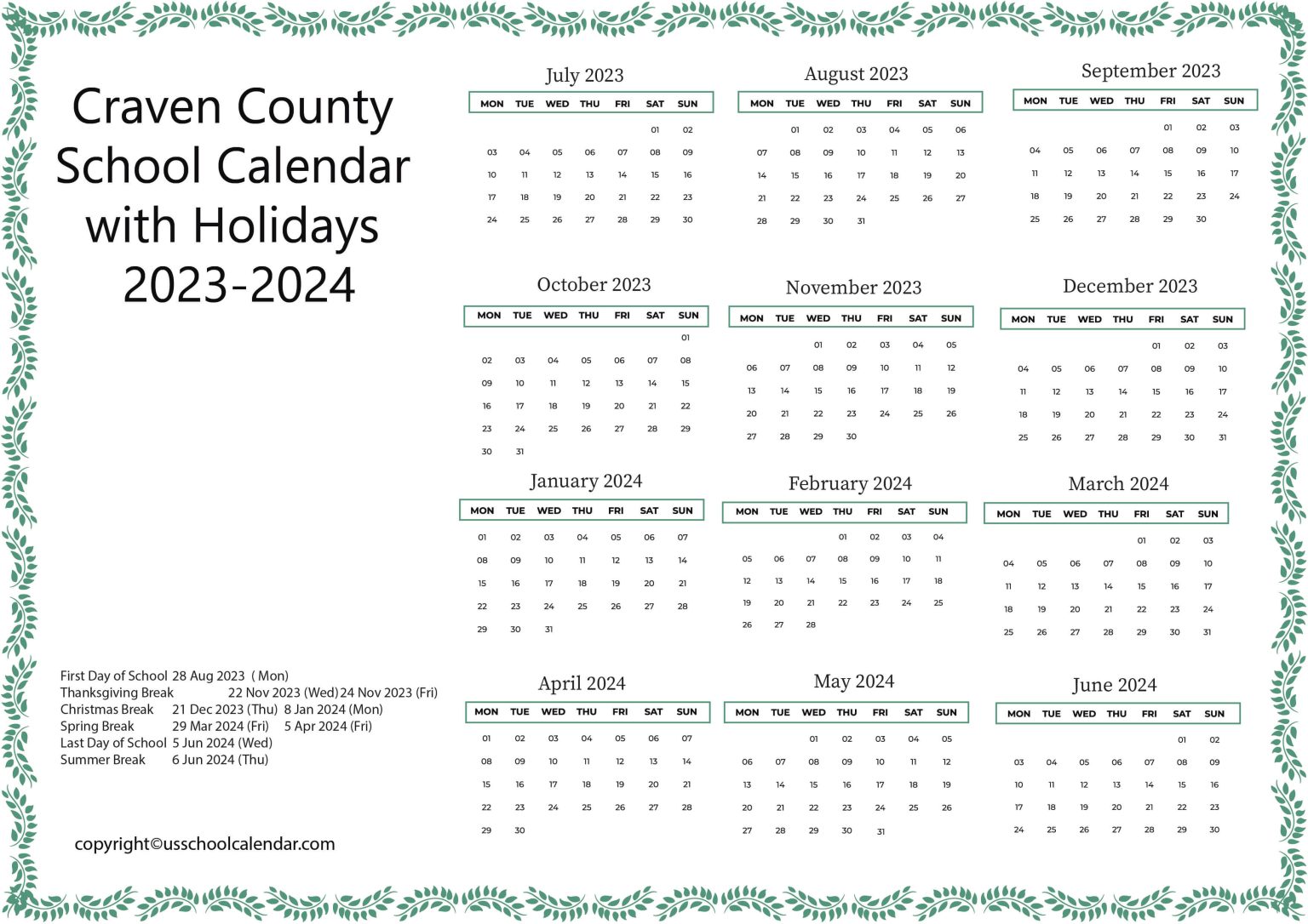 Craven County School Calendar with Holidays 20232024