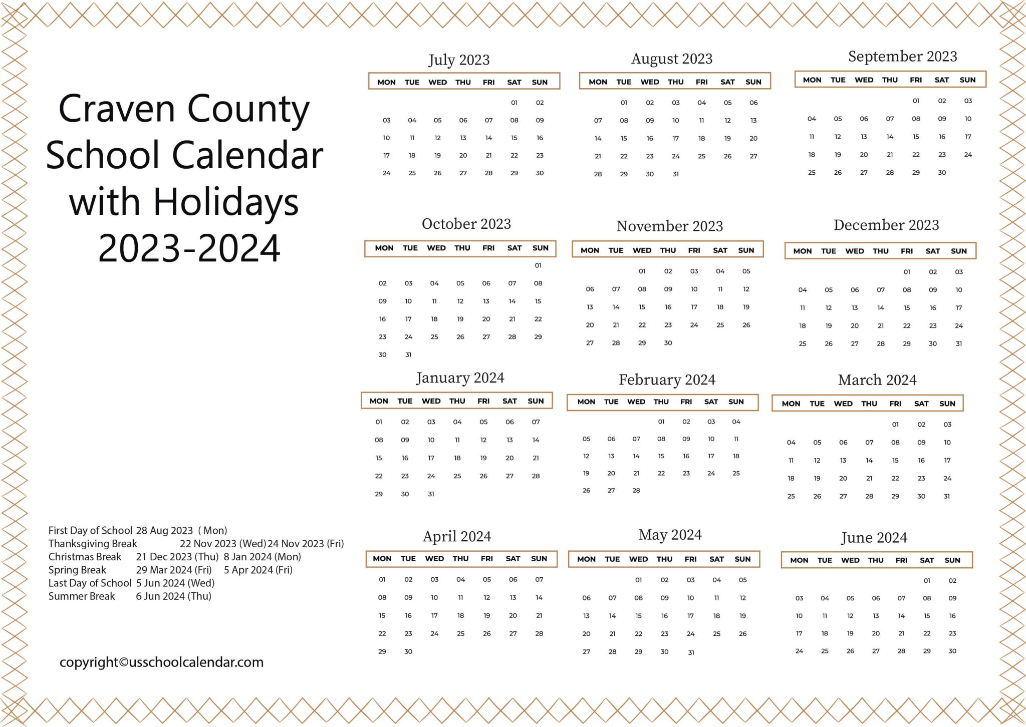 Craven County School Calendar with Holidays 2023 2024