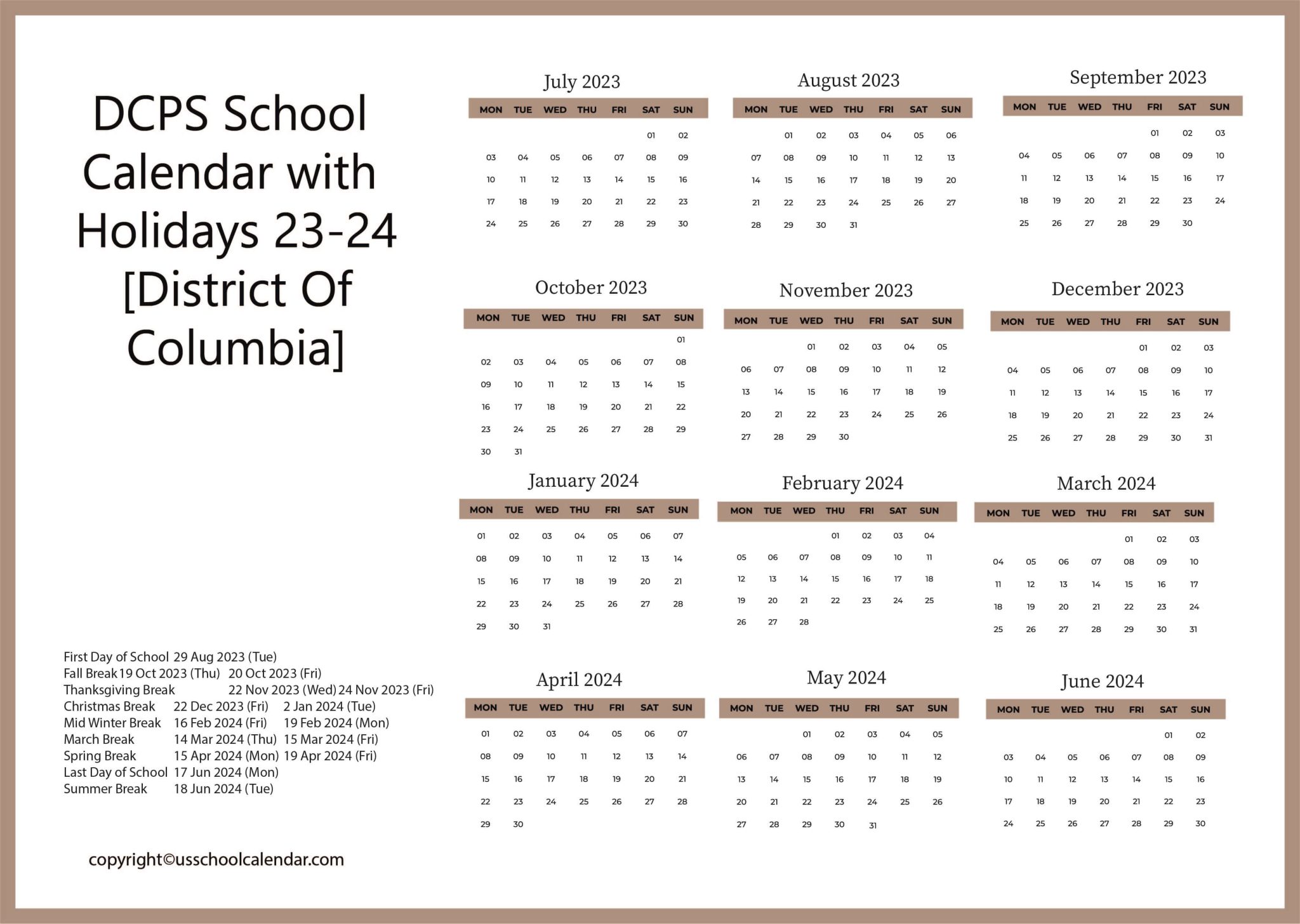 DCPS School Calendar with Holidays 2324 [District Of Columbia]