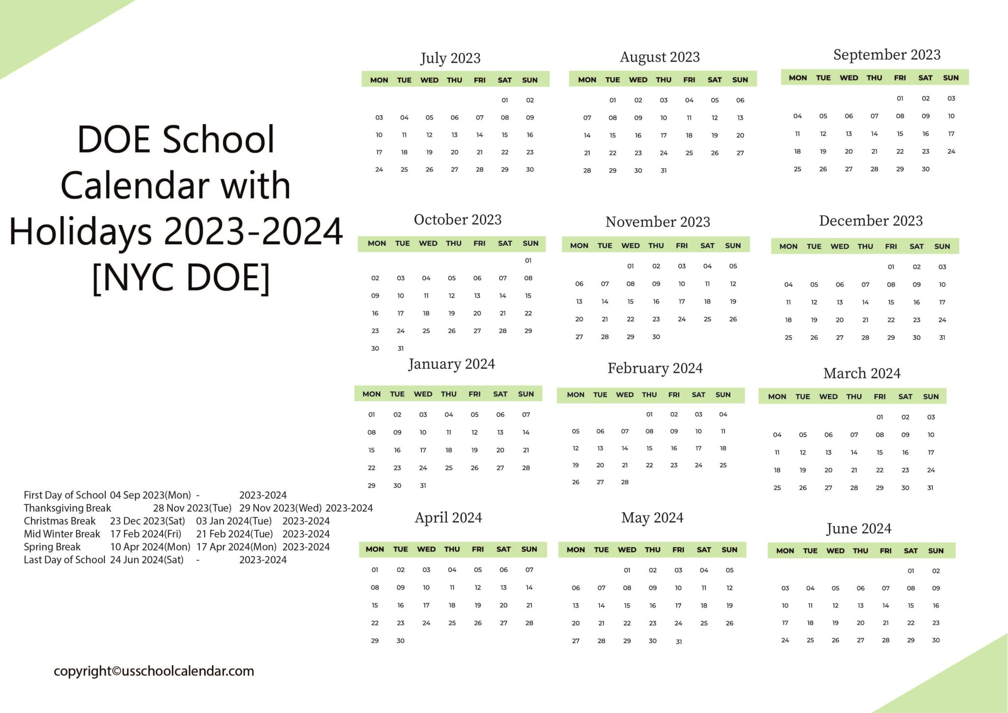 DOE School Calendar with Holidays 20232024 [NYC DOE]