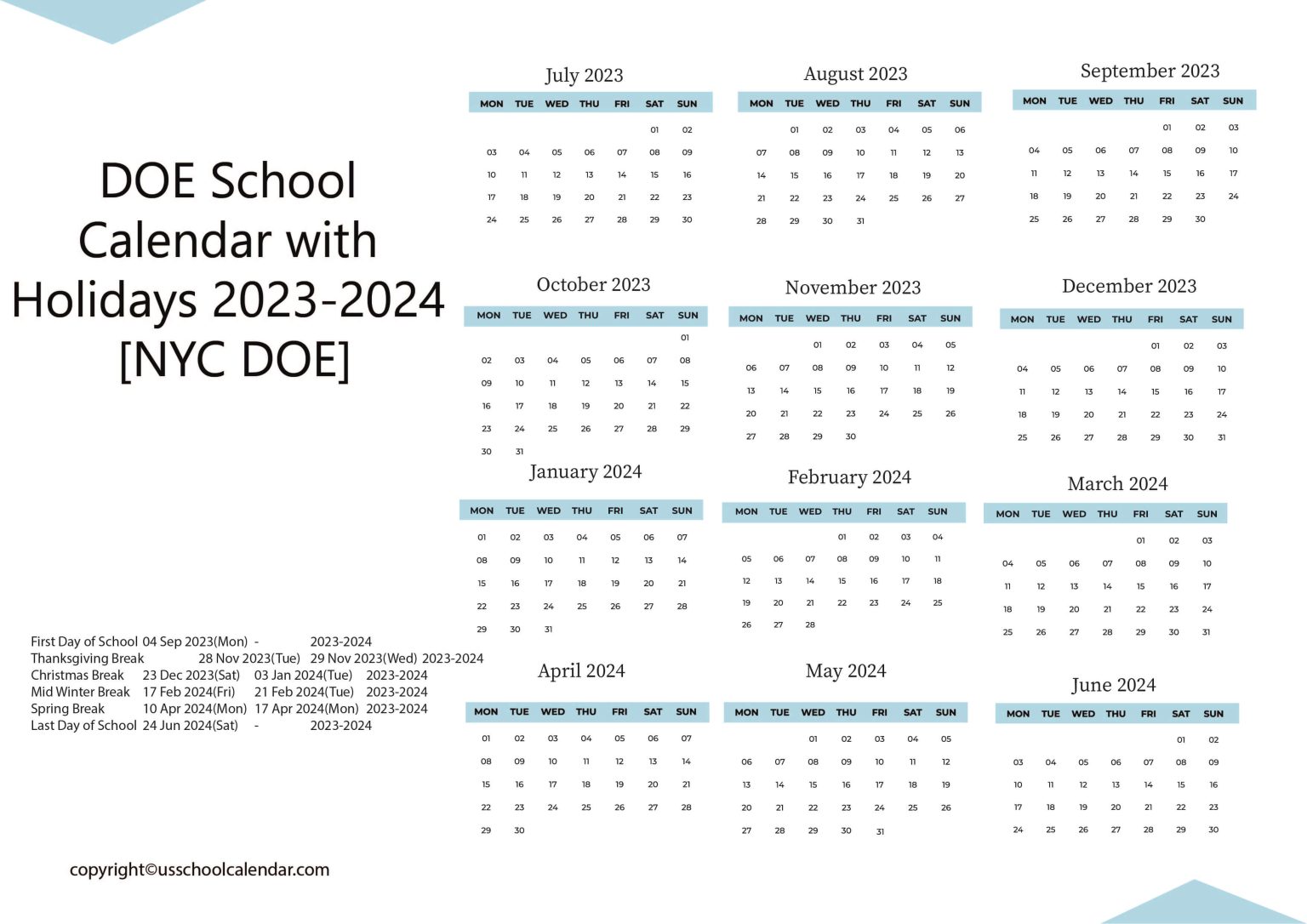 DOE School Calendar with Holidays 20232024 [NYC DOE]