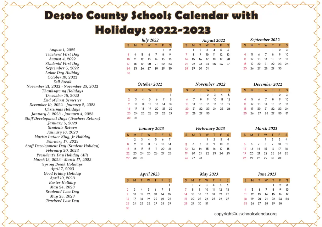 Desoto County Schools Calendar with Holidays 2022-2023