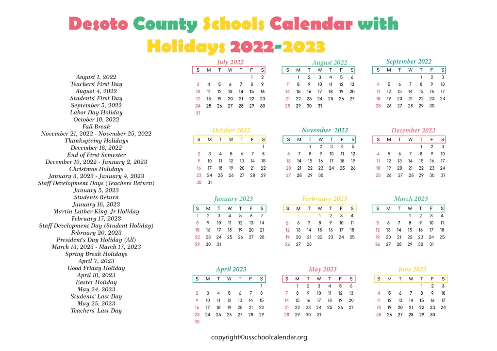 Desoto County Schools Calendar with Holidays 20222023
