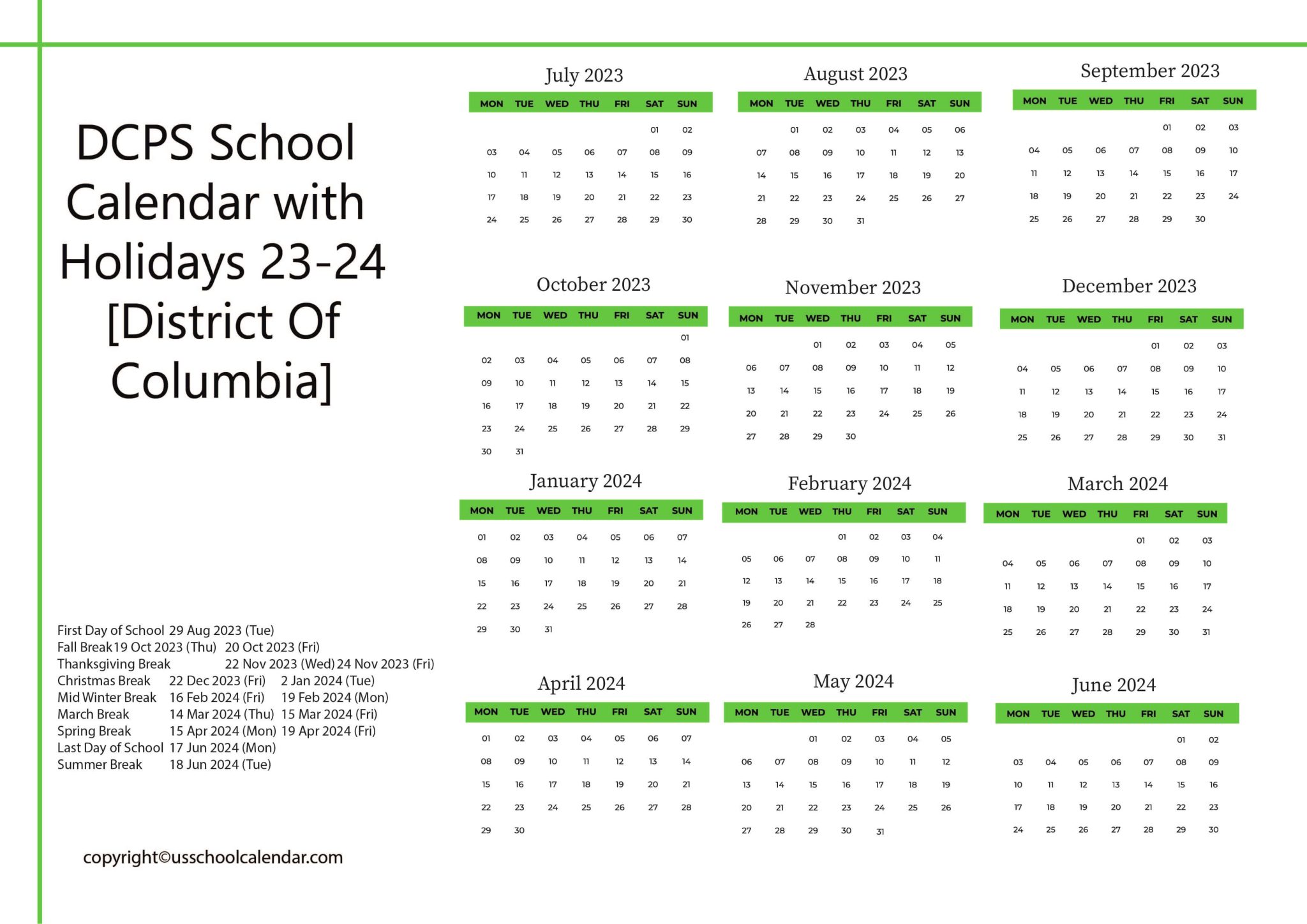 DCPS School Calendar with Holidays 2324 [District Of Columbia]
