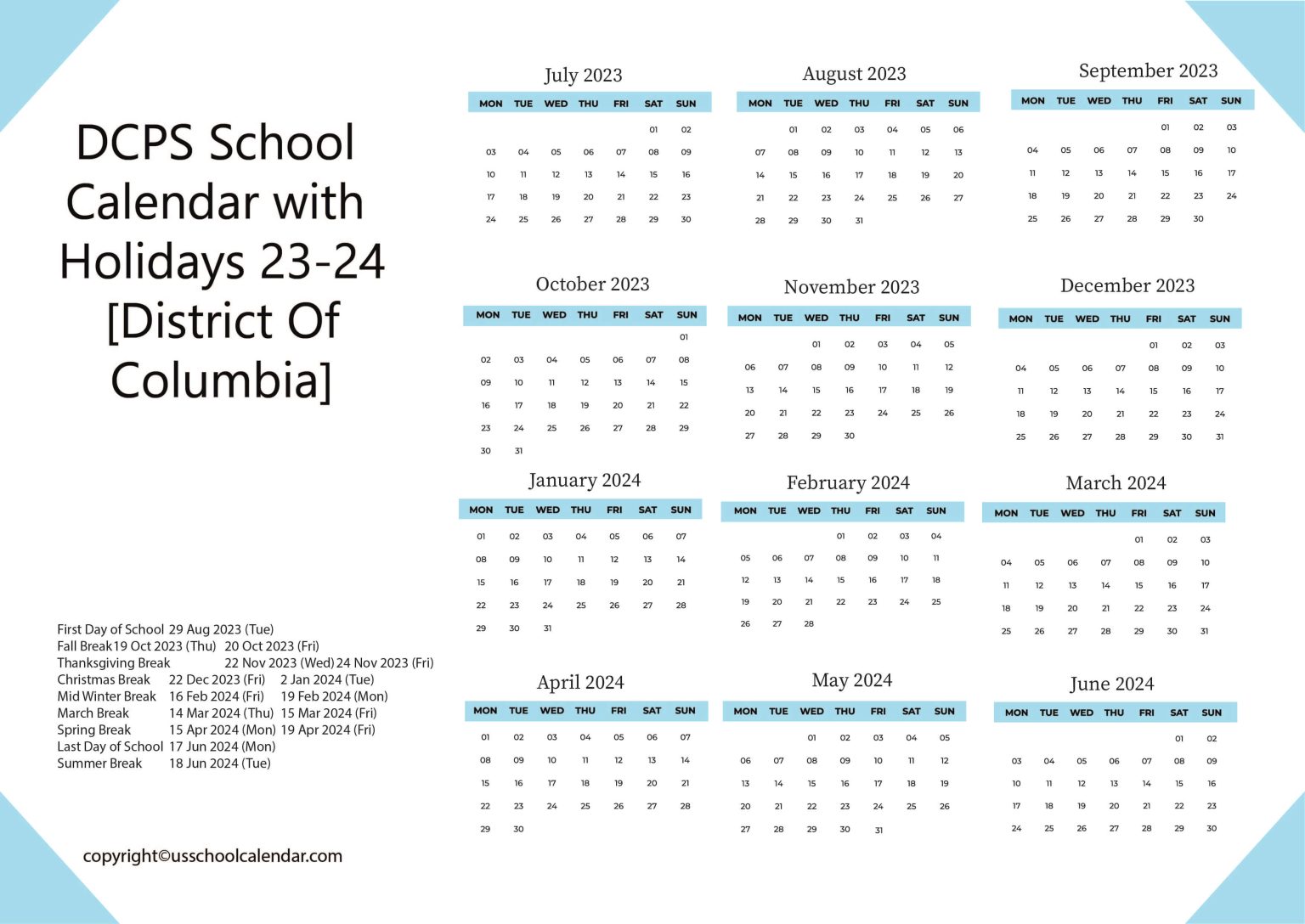 DCPS School Calendar with Holidays 23 24 District Of Columbia