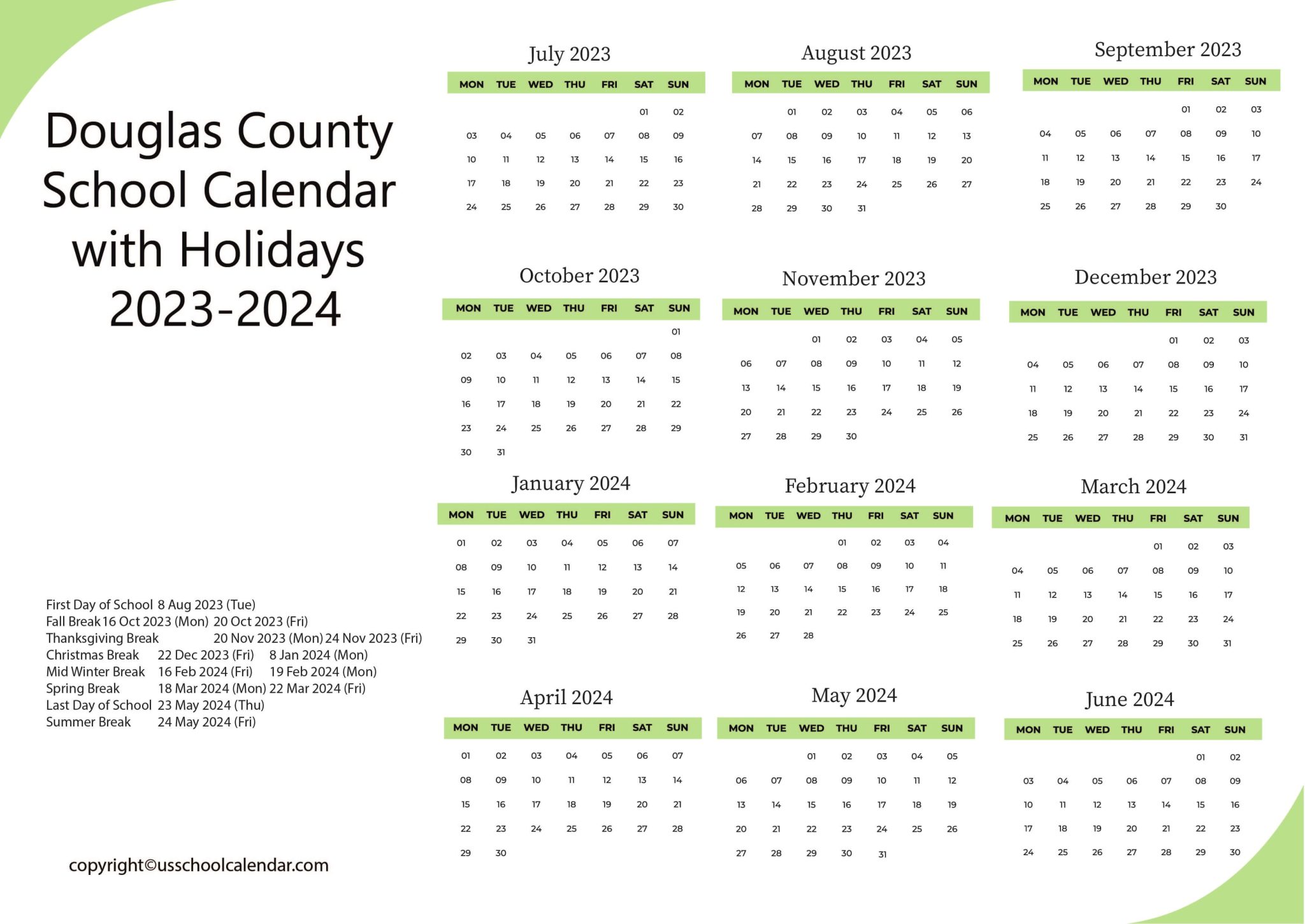 Douglas County School Calendar with Holidays 20232024