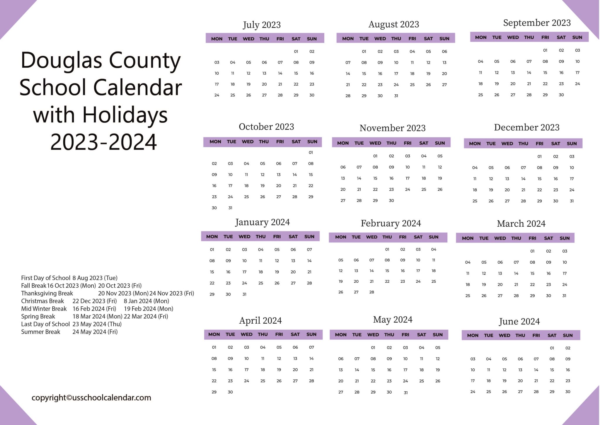 Douglas County School Calendar with Holidays 20232024