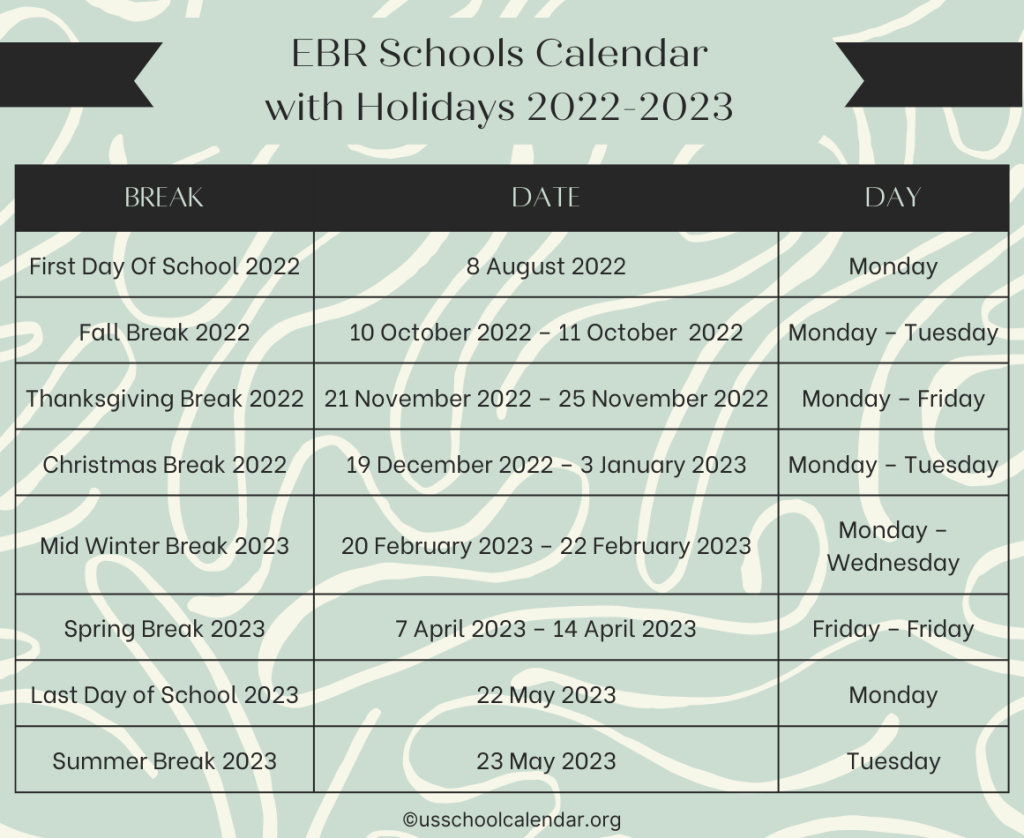 EBR Schools Calendar with Holidays 2022-2023