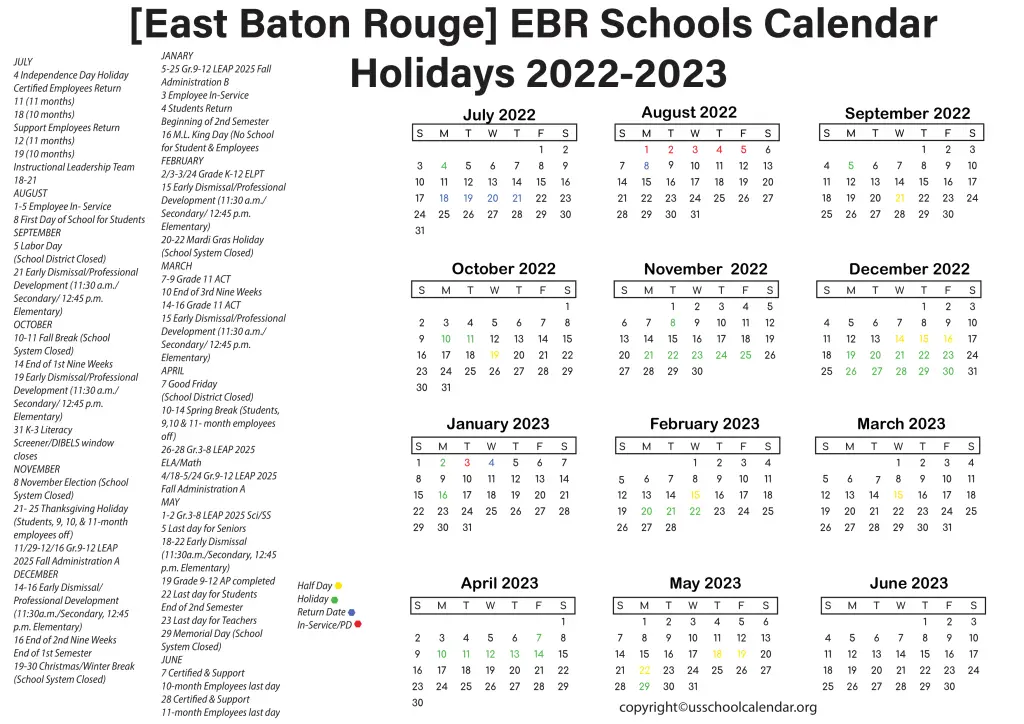 [East Baton Rouge] EBR Schools Calendar Holidays 2022-2023