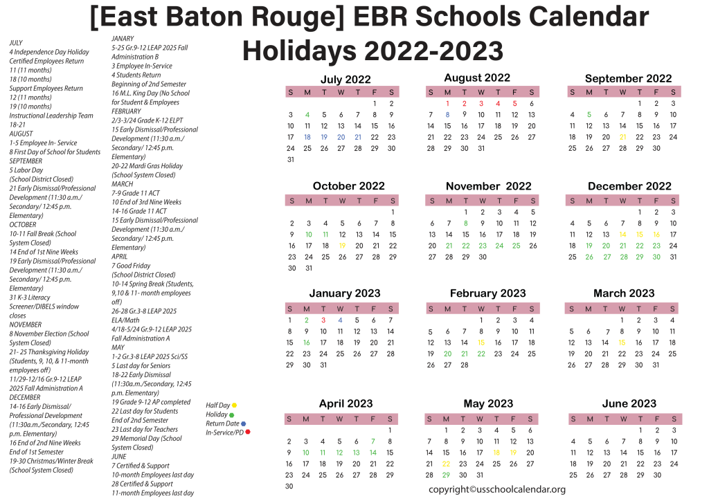 [East Baton Rouge] EBR Schools Calendar Holidays 2022-2023 2