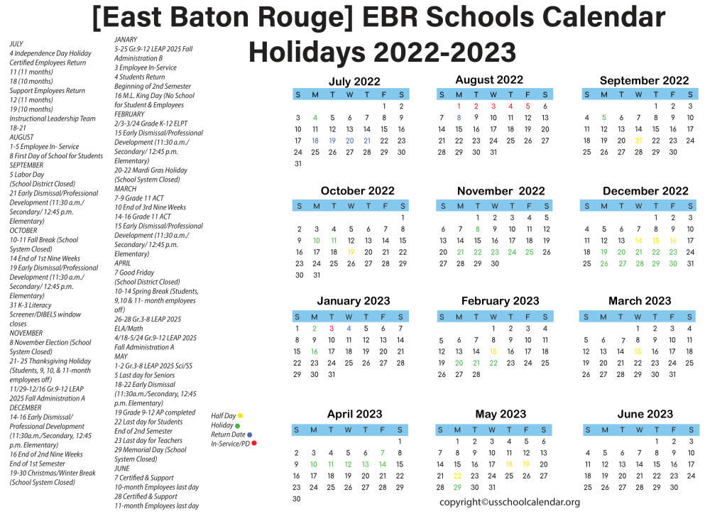 [East Baton Rouge] EBR Schools Calendar Holidays 2022-2023 3
