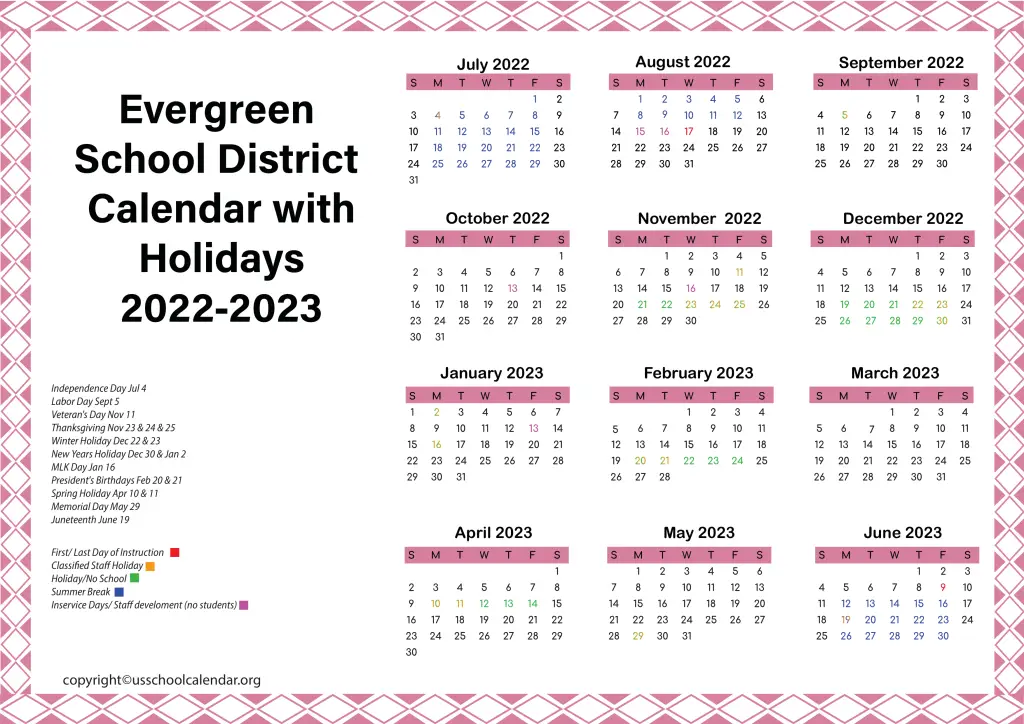 Evergreen School District Calendar with Holidays 2022-2023