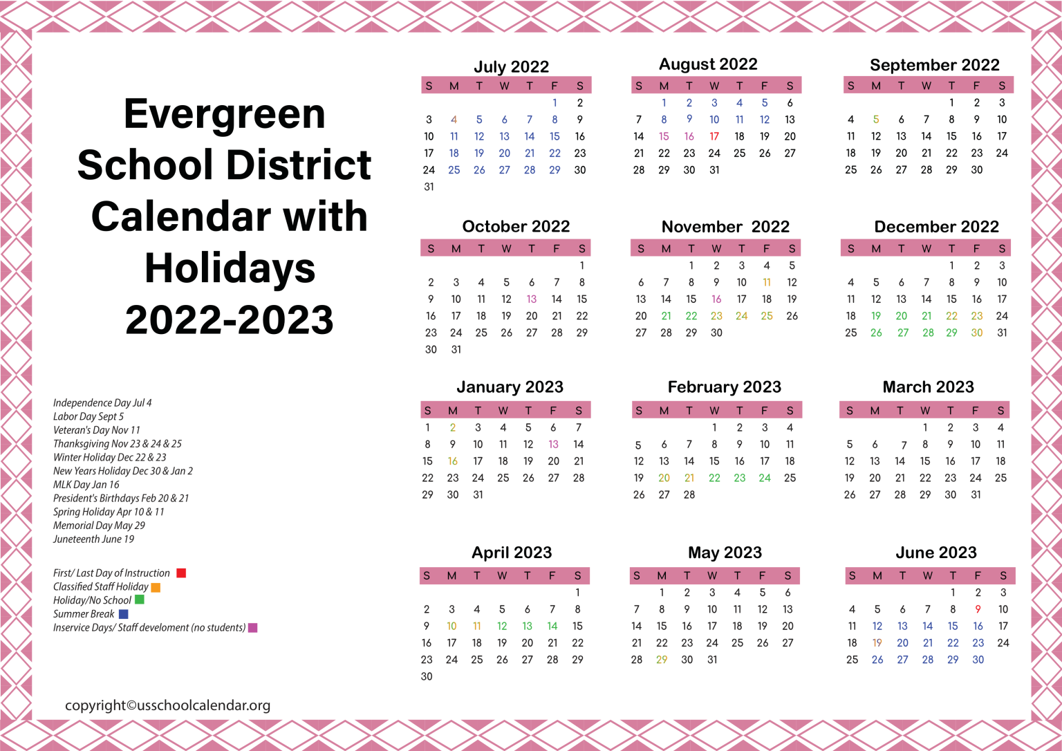 Evergreen School District Calendar with Holidays 20222023