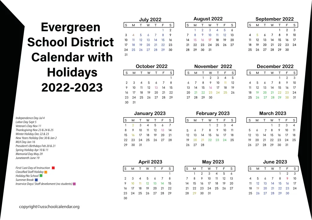 Evergreen School District Calendar with Holidays 2022-2023 2