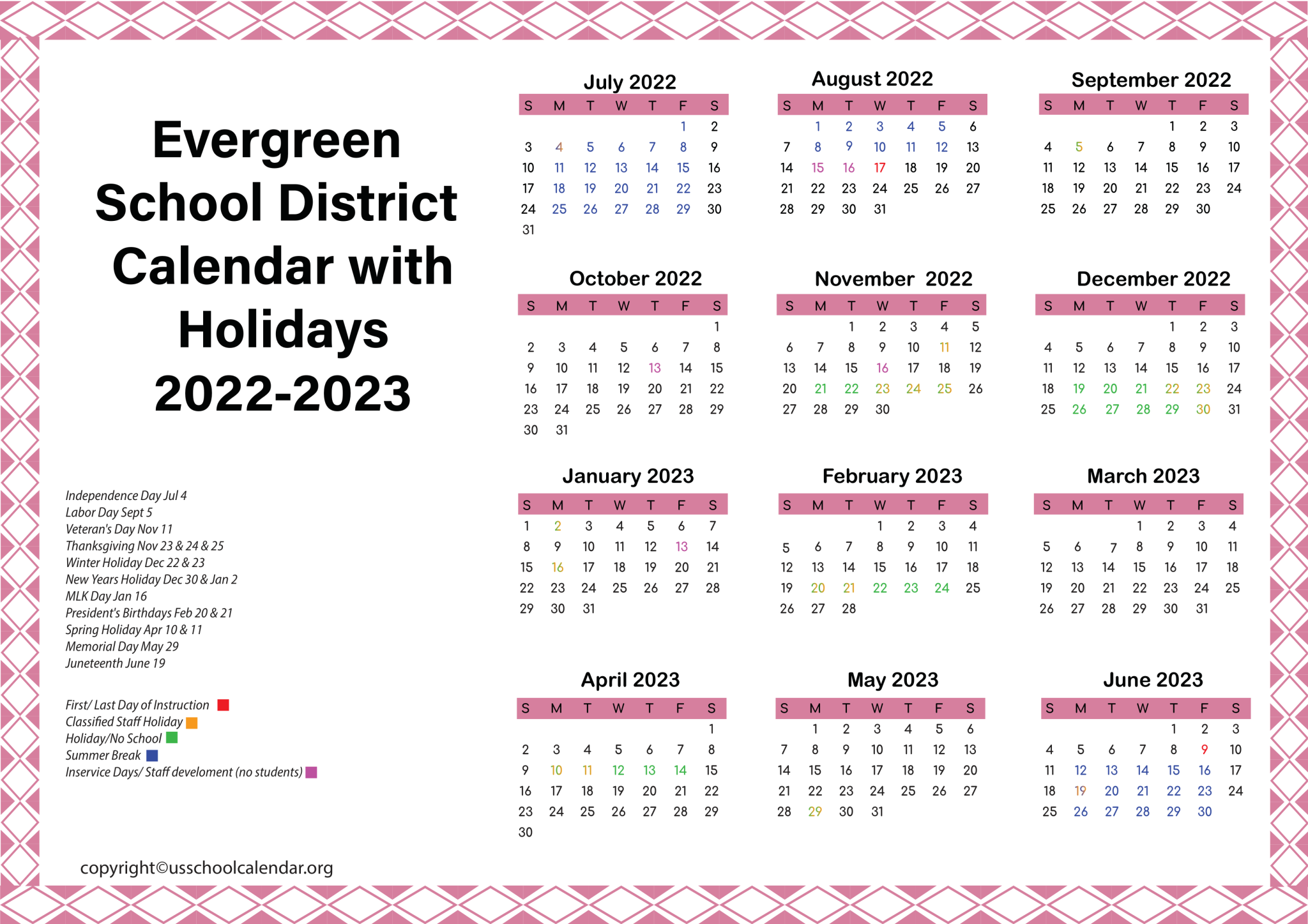 Evergreen School District Calendar with Holidays 20222023