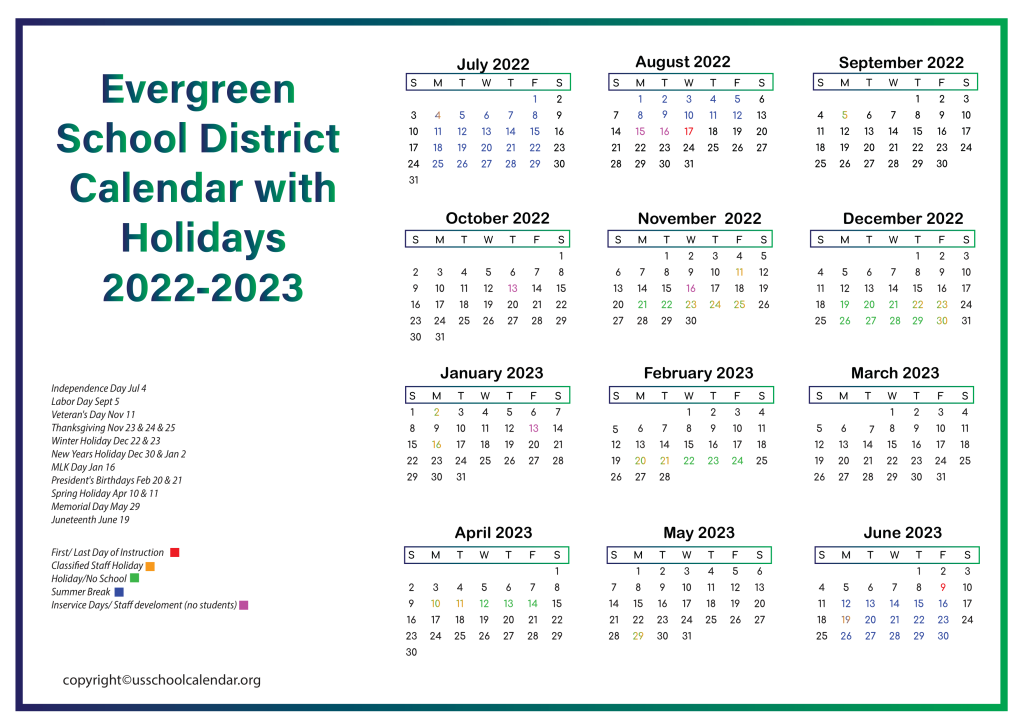 Evergreen School District Calendar with Holidays 2022-2023 3