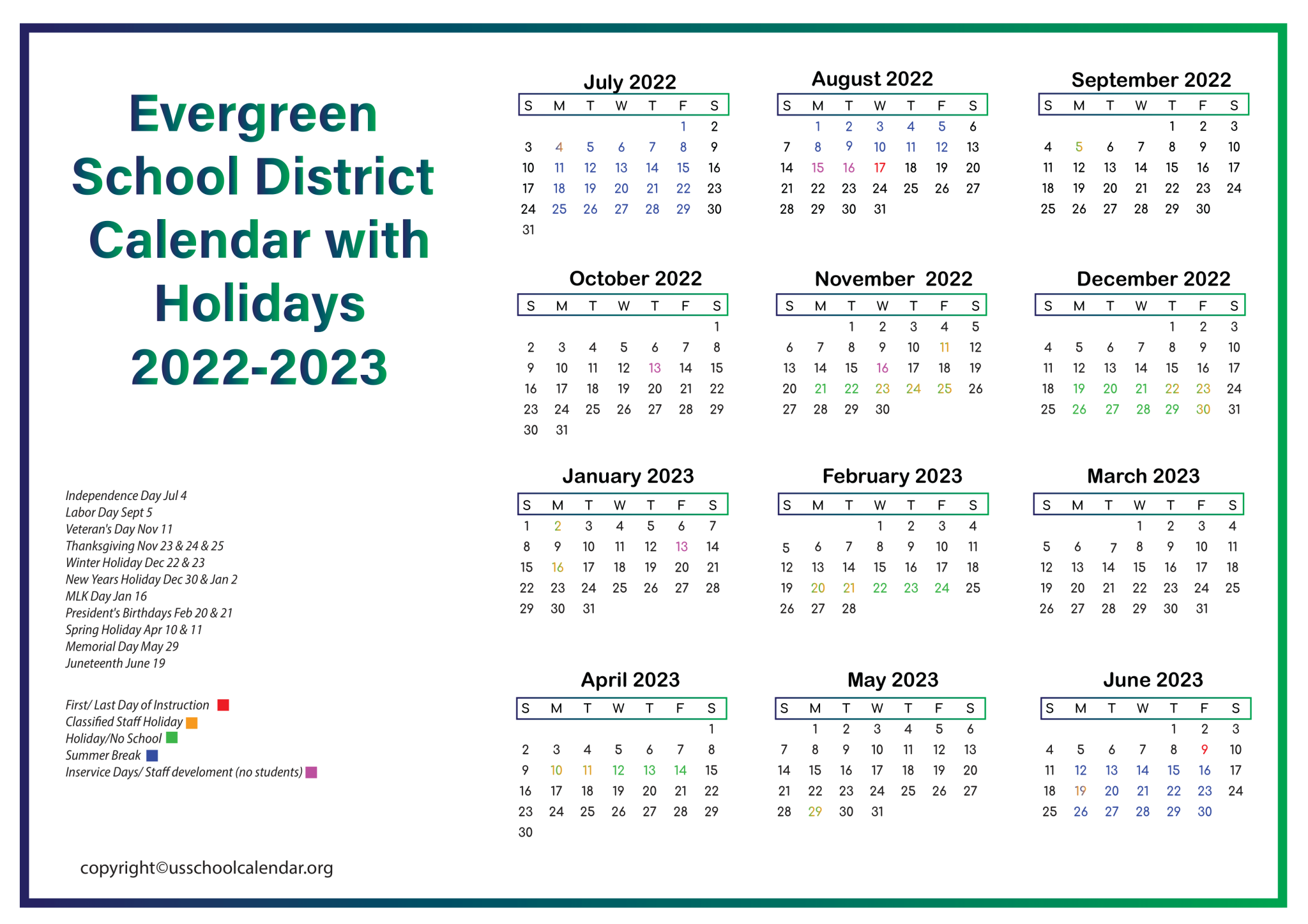 Evergreen School District Calendar 2025-25