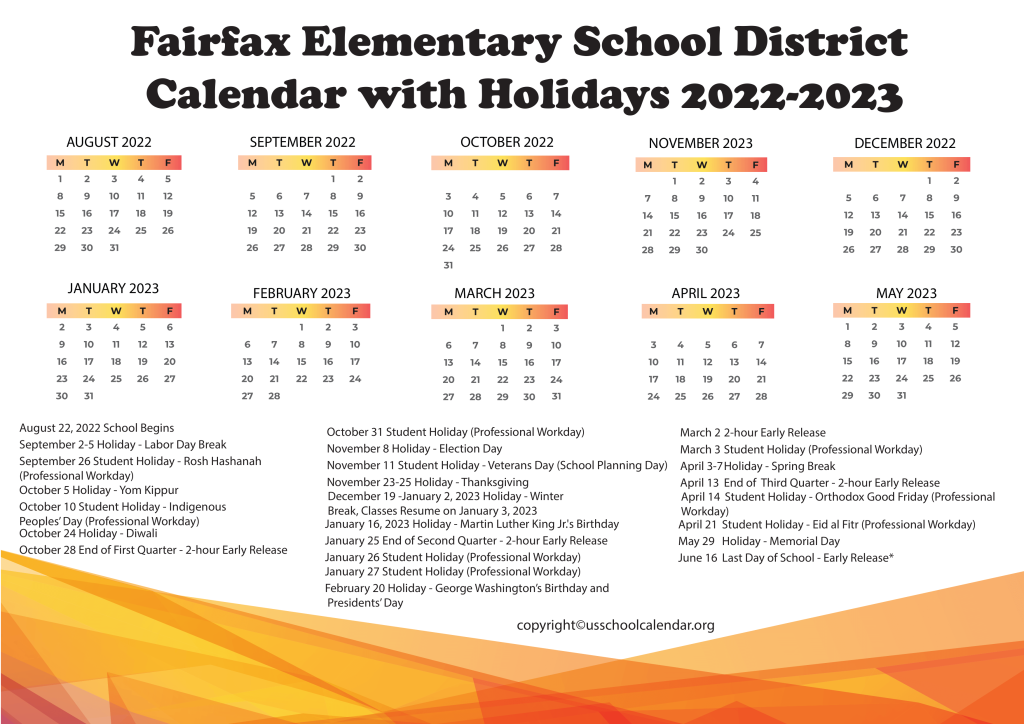 Fairfax Elementary School District Calendar with Holidays 2022-2023