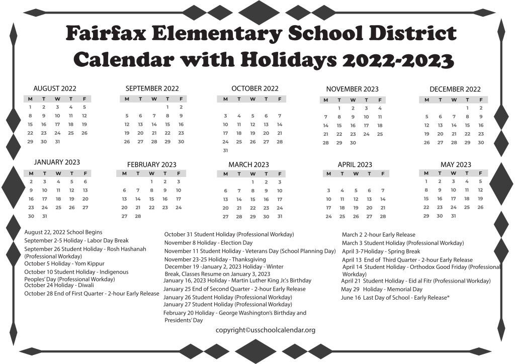 Fairfax Elementary School District Calendar with Holidays 2022-2023