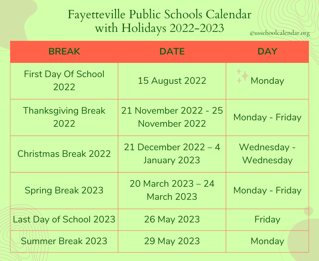 Fayetteville Public Schools Calendar with Holidays 2022 2023