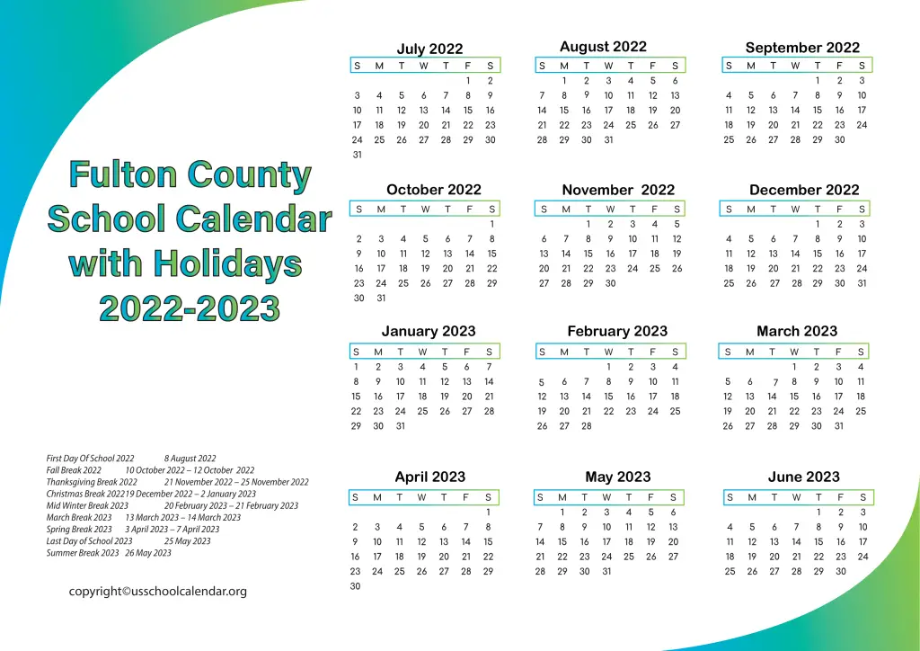 Fulton County School Calendar with Holidays 20222023
