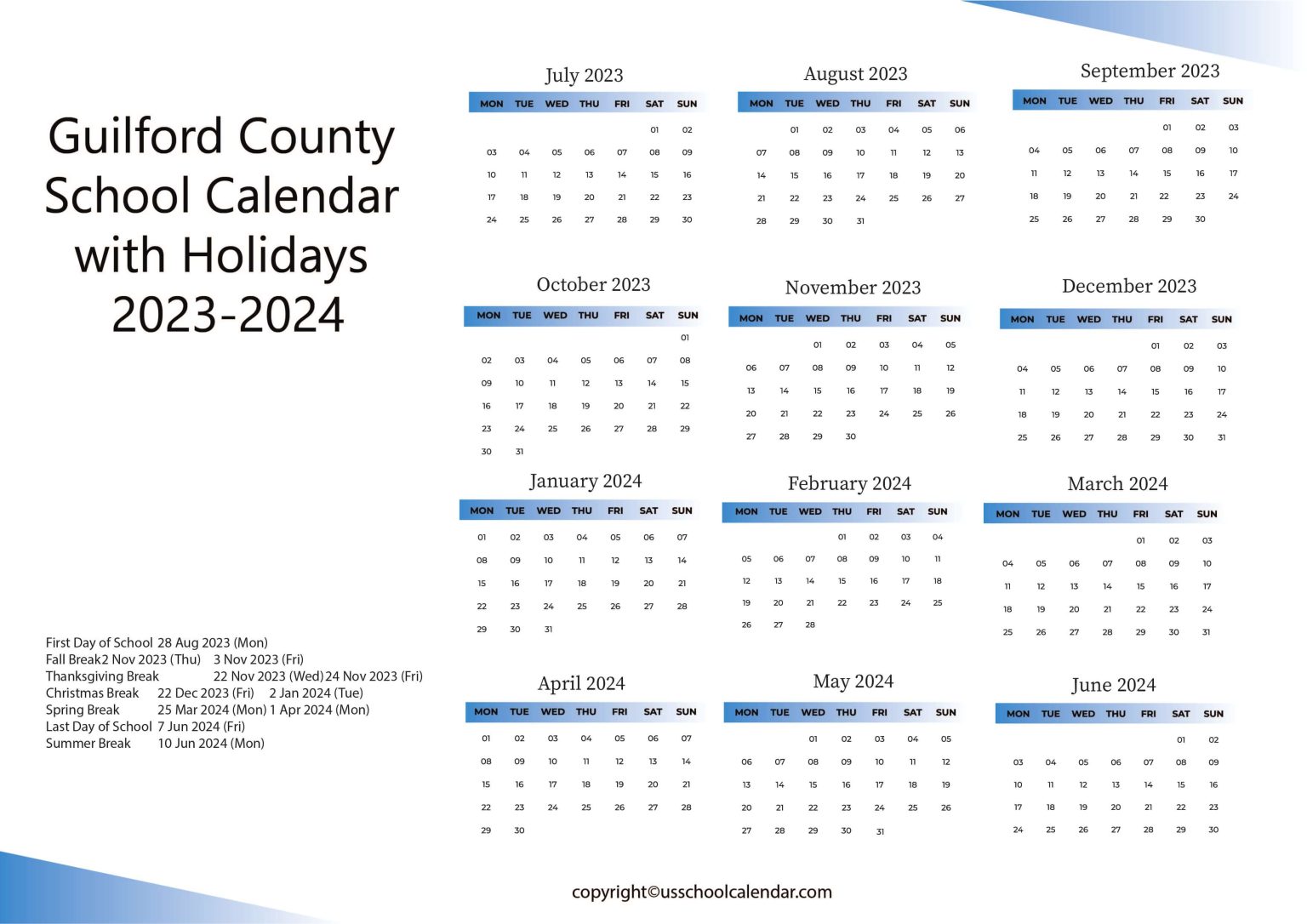 Guilford County School Calendar with Holidays 20232024