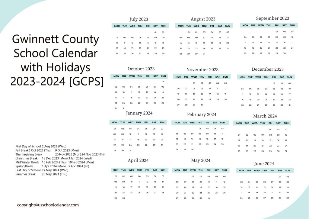 County School Calendar with Holidays 20232024 [GCPS]