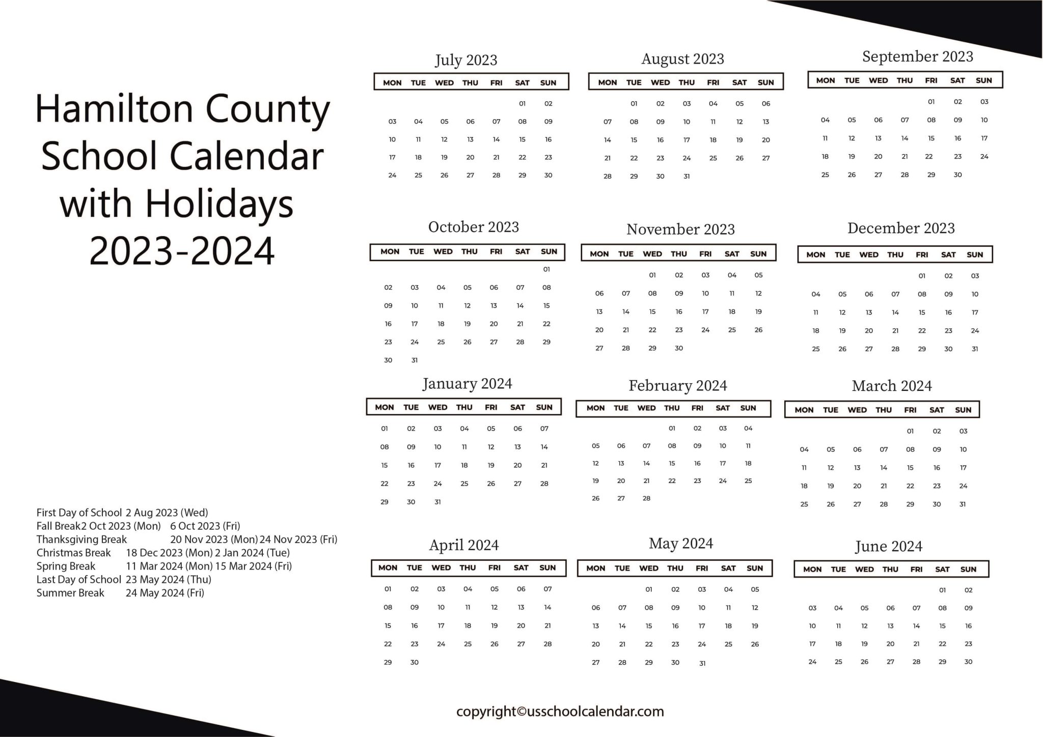 Hamilton County School Calendar with Holidays 2023 2024