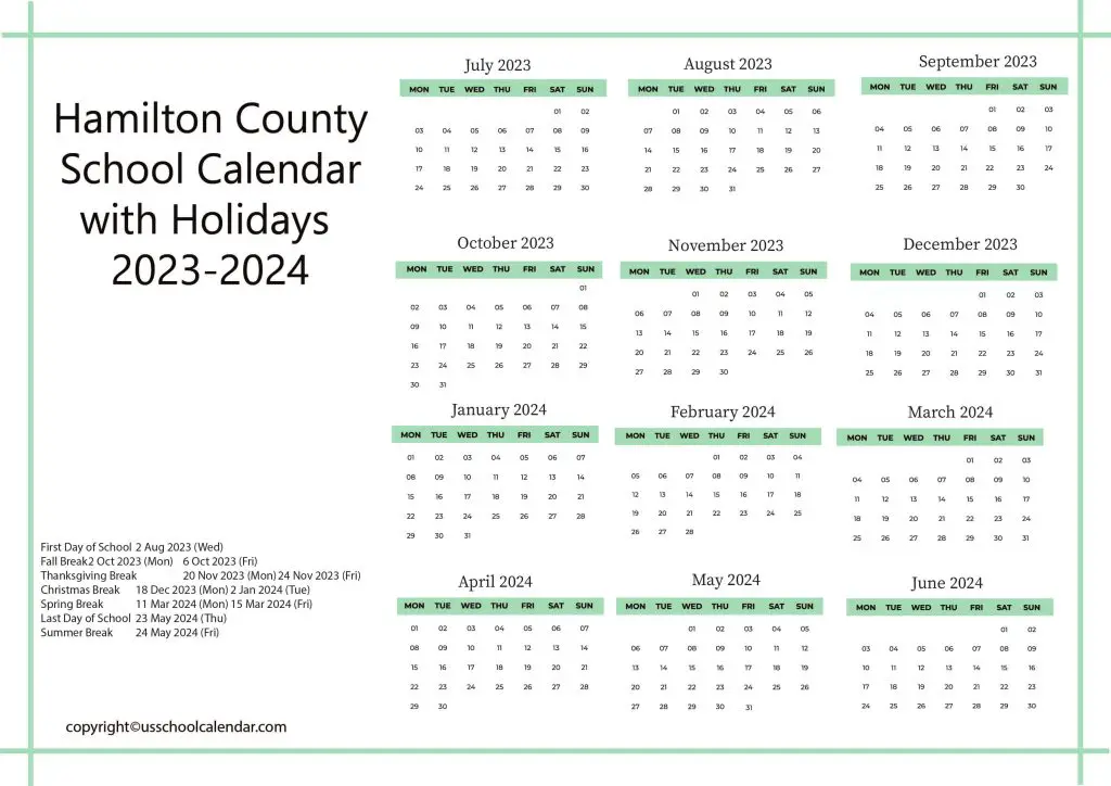 Hamilton County School Calendar