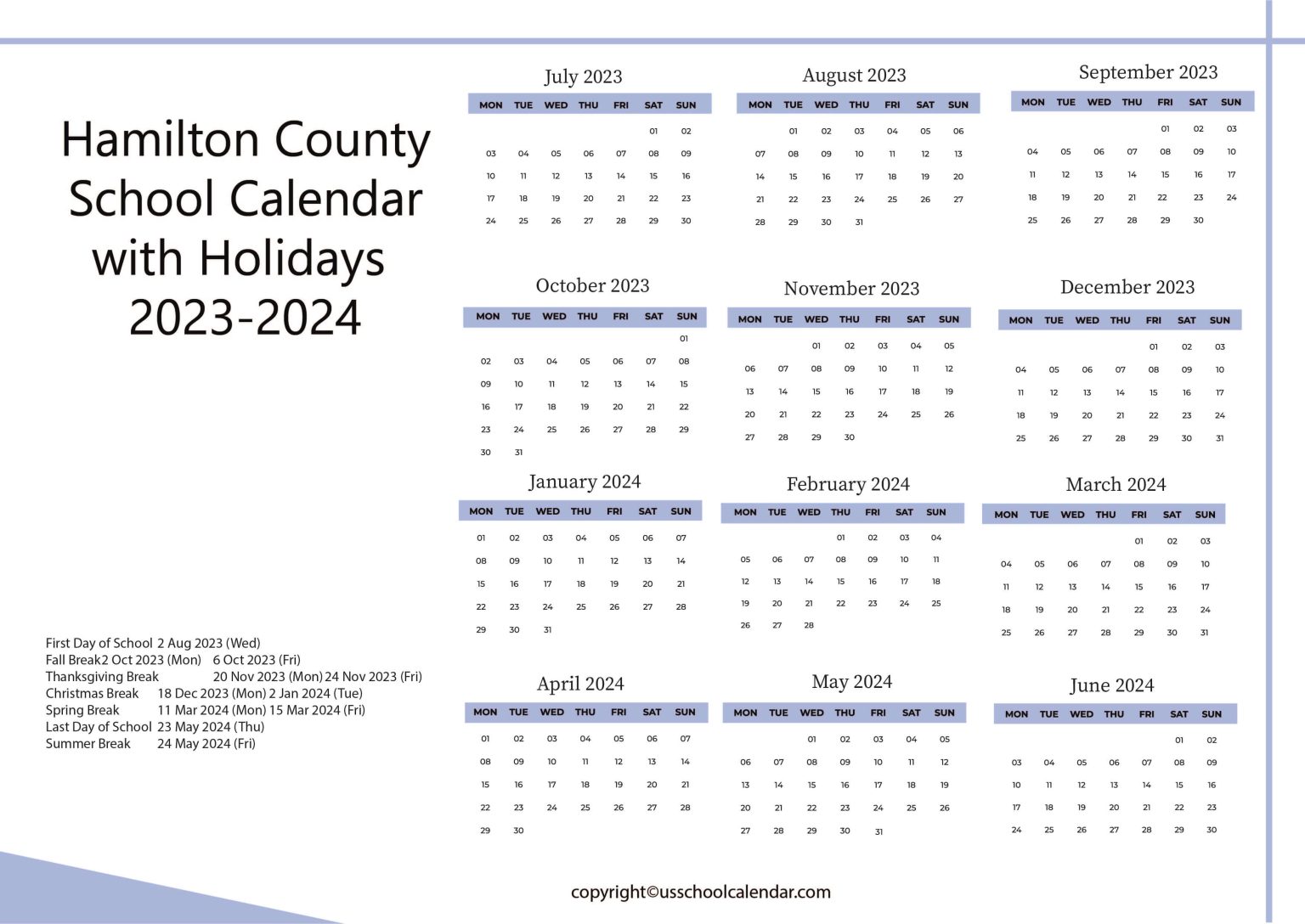 Hamilton County School Calendar with Holidays 20232024