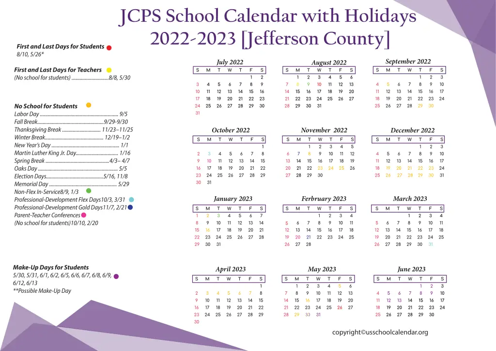 JCPS School Calendar with Holidays 2022-2023 [Jefferson County]