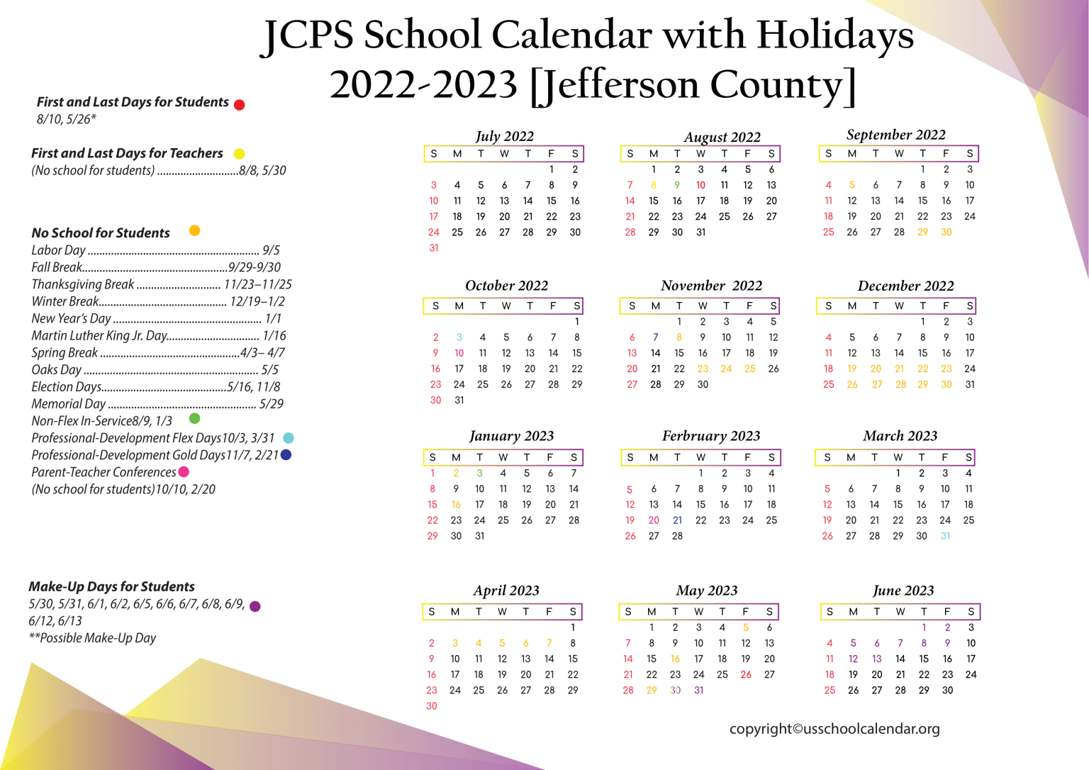 JCPS School Calendar with Holidays 20222023 [Jefferson County]