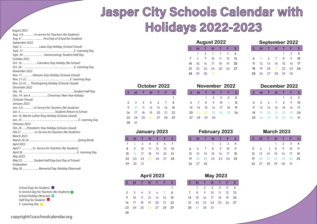 Jasper City Schools Calendar with Holidays 2022-2023