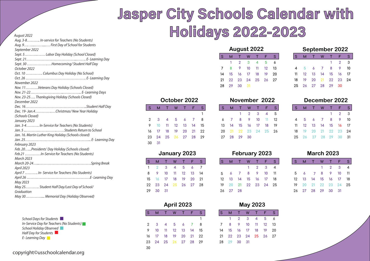 Jasper City Schools Calendar 2023 - US School Calendar