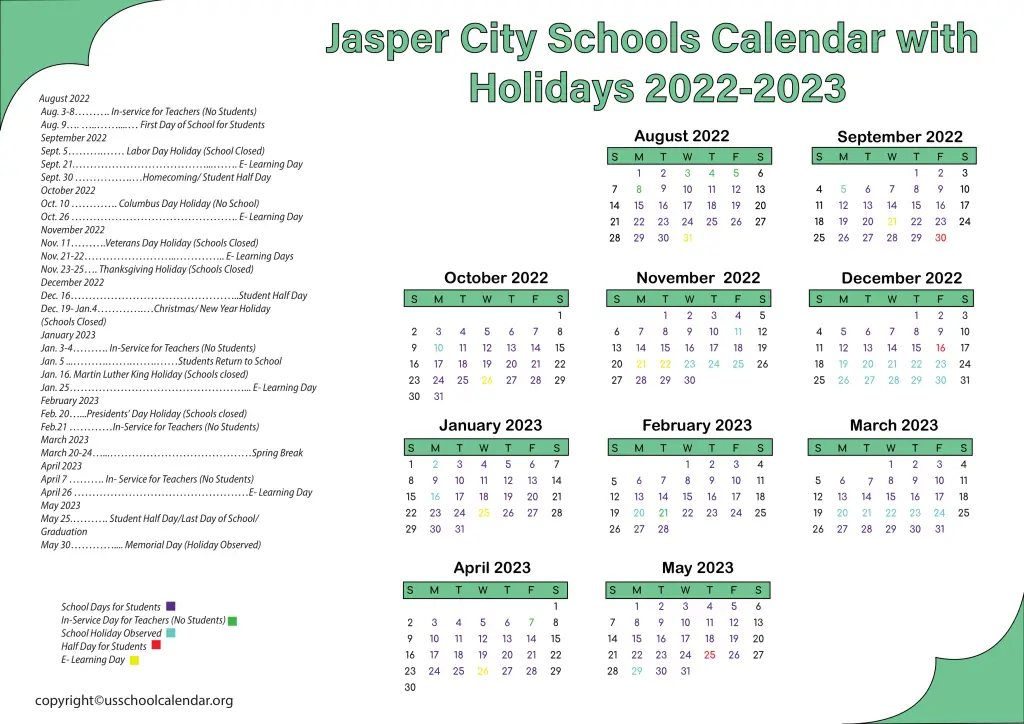Jasper City Schools Calendar with Holidays 2022-2023 2