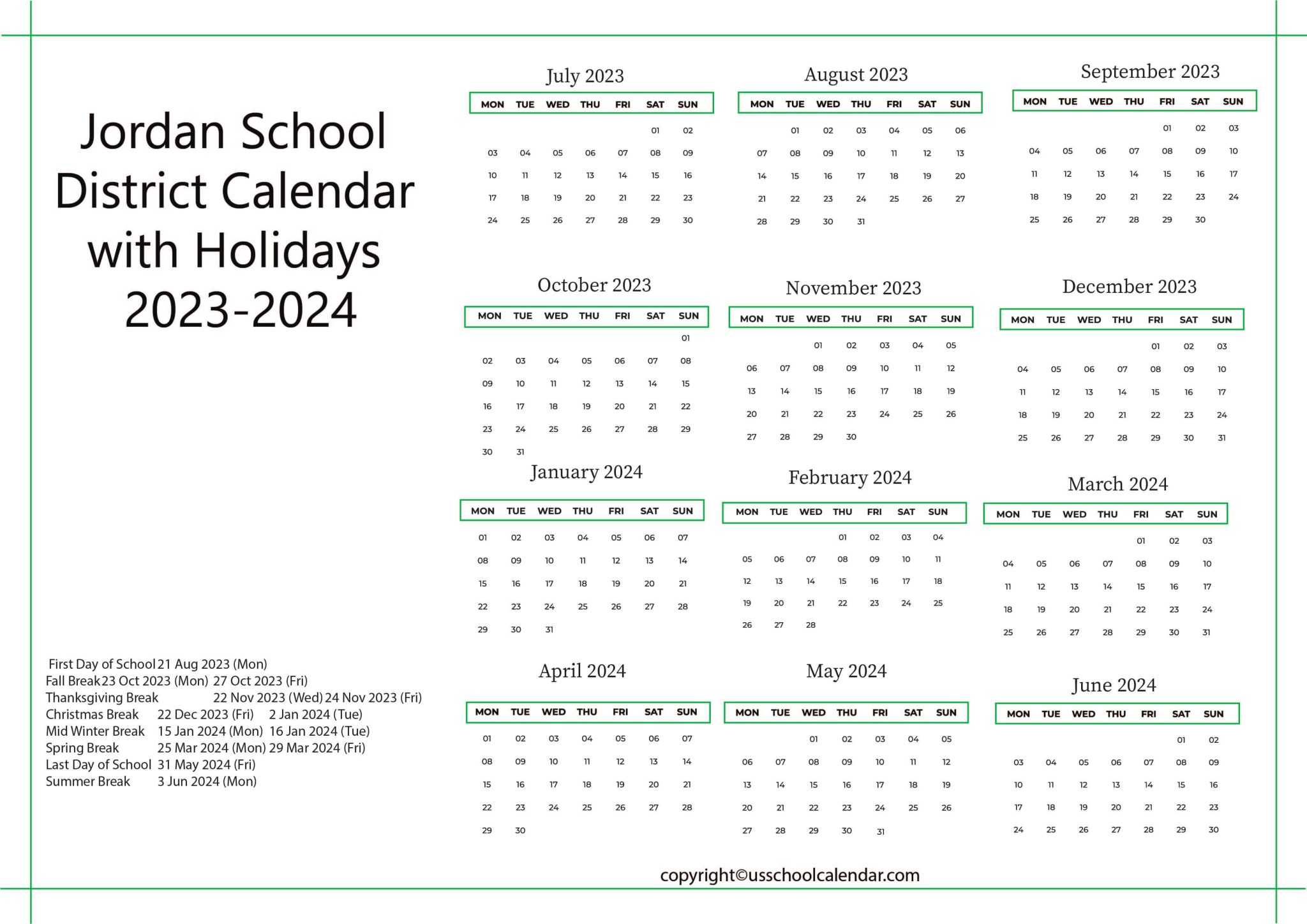 Jordan School District Calendar with Holidays 20232024