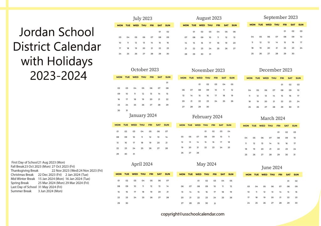 Jordan School District Holiday Calendar